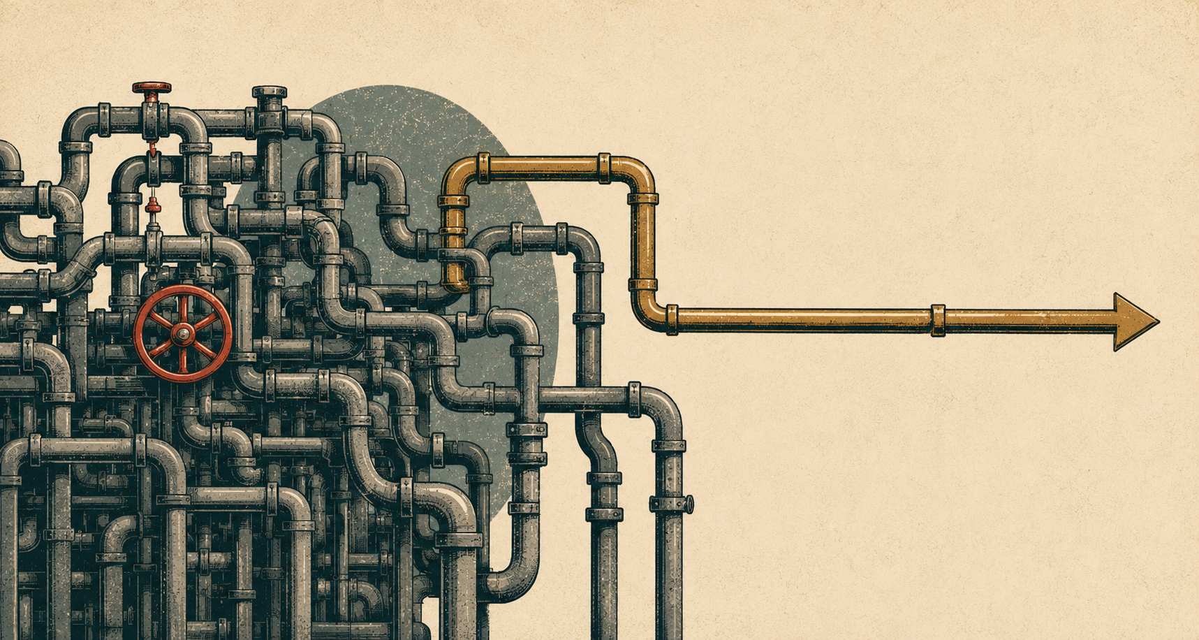 An intricate network of pipes resolving into a single clear directional path